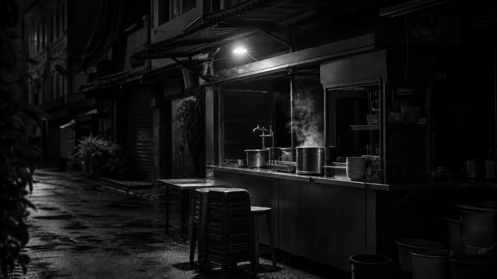 Same stall, noir preset, night monochrome