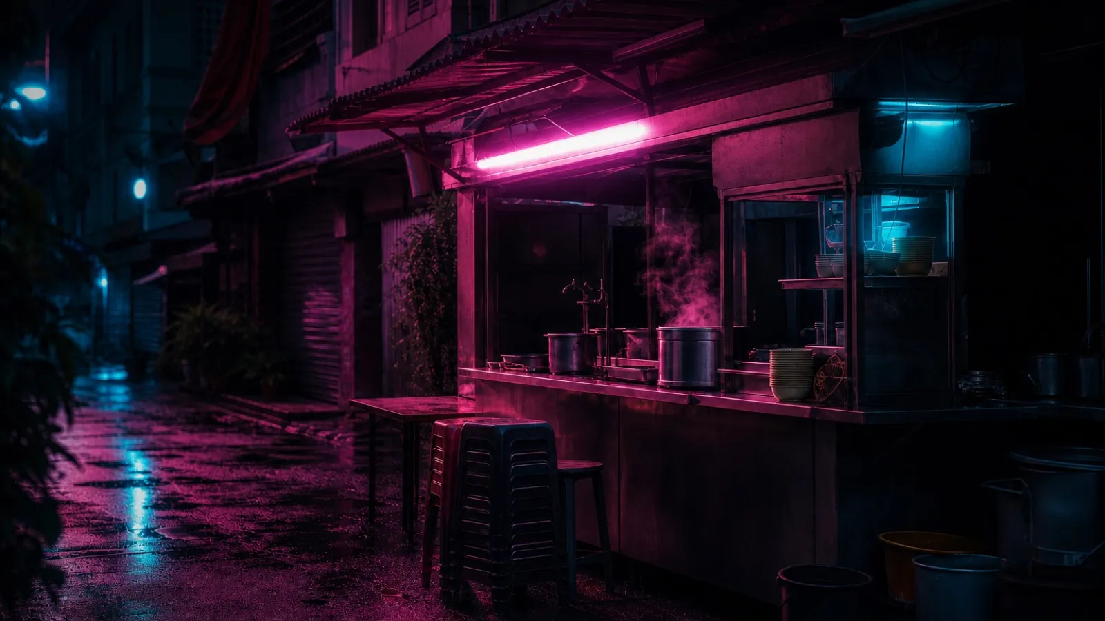 Same stall, 1980s preset, neon night
